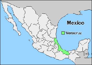 Веракрус на карте Мексики (территория штата выделена зеленым цветом)